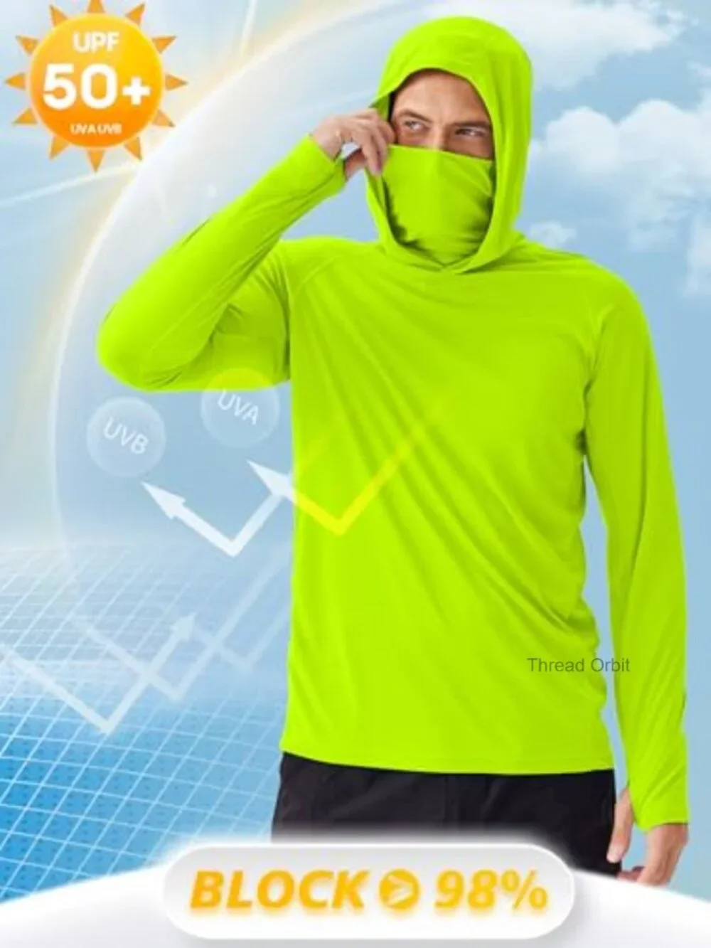 Men's UPF 50+ Sun Protection Hoodie with Mask Long Sleeve Rash Guard Fishing